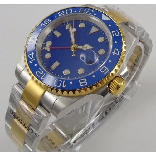 40MM Sterile Blue Dial Sapphire Glass Ceramic Bezel Date Yellow Gold Plated Glass Case Back GMT Automatic Mens Wristwatch