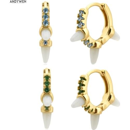 ANDYWEN 925 Sterling Silver Gold 8.9mm Zircon Hoops Huggies Spike Natural Crystal Gemstone Loops Earring For 2020 Fine Jewelry