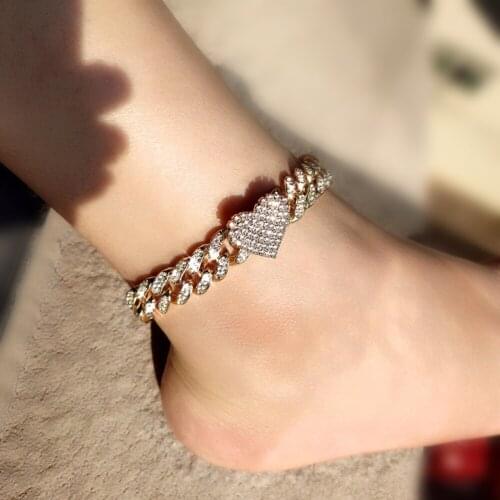 Hip Hop Chunky Cuban Link Chain Crystal Heart Anklets for Women Men Iced Out Rhinestone Foot Chain Bracelet Wholesale Jewelry