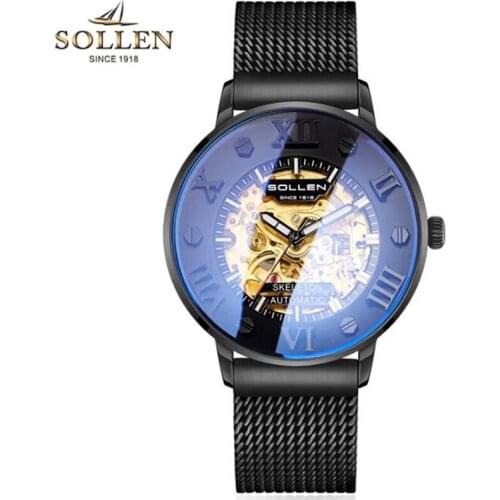 Classic Black Gold Skeleton Mechanical Watches for Men Black Mesh Belt Transparent Case Waterproof Clock Male Relogio Masculino
