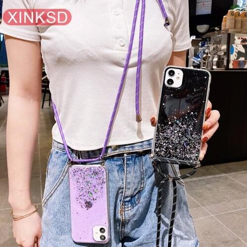 Bling Glitter Stars Sequins Cord Chain Lanyard Phone Case For iPhone 12 Pro 11 Pro Max 12 MiNi XR X XS Max 6 6S 7 8 Plus SE 2020