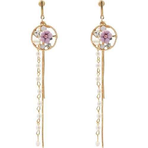 Korean Girl Pink Purple Flower Pearl Crystal Long Drop Earrings Bridal Wedding Party Fringe Hanging Earring Wedding Jewelry