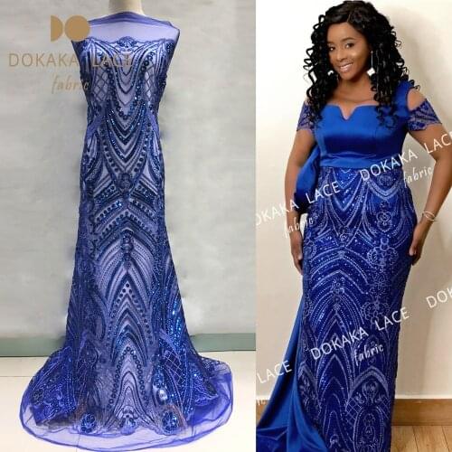 Royal Blue Sequined Embroidered African French Net Lace Fabric 2019 Unique Design Indian Sequins Prom Dresses Sewing Material
