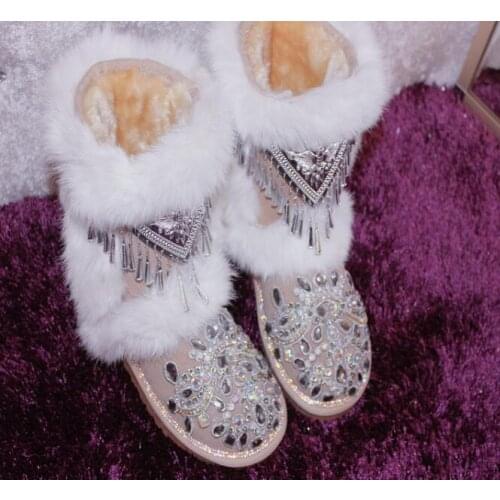 Winter new INS super woman fur leather snow boots Eskimo rhinestones woman fur winter boots snow boots rhinestone snow boots