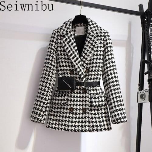 Autumn Winter Woolen Coat Women Fashion Elegant Double Breasted Houndstooth Thick Office Work Jacket Suit With Waist Bag