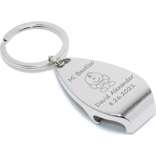 Personalized Christening Baptism Favor Custom Engraved Metal Silver Keychain Bottle Opener First Communion Party Favor Souvenir