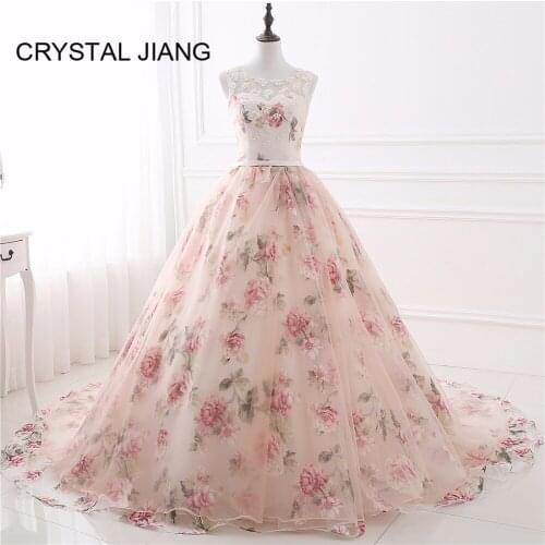 CRYSTAL JIANG 2019 Formal Printed Prom Dress O Neck Lace Applique Pearl Beaded Sweep Train A Line Prom Gown Real Photo