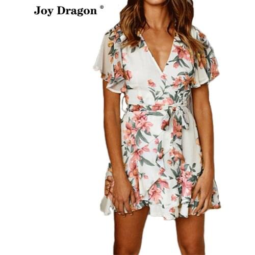 New V Neck Lotus Leaf Short Sleeve High Waist Lacing Chiffon Women Print Dress vestidos de verano sukienki kobieta sukienka