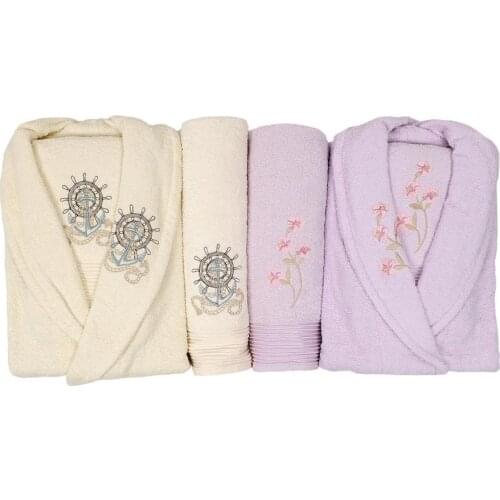 Scar Embroidered 100 Cotton 4 Piece Bathrobes Set White Powder