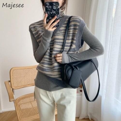 Sweaters Vest Women Autumn New Zebra V-neck Sleeveless Elegant Vintage Ladies Knitting Tops Korean Style Casual Streetwear Ins
