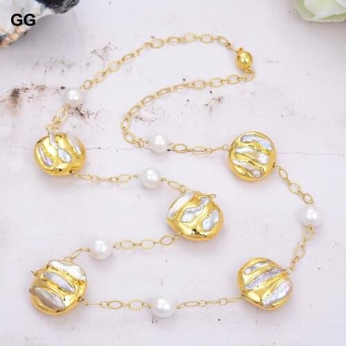GuaiGuai Jewelry 31" 26MM White Keshi Pearl Yellow Gold Color Plated Chain Long Necklace