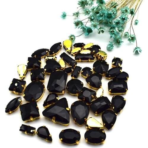 Factory Price Gold Claw Black Crystal Mix Shape Glass Sew on Rhinestones DIY Clothing Decoration