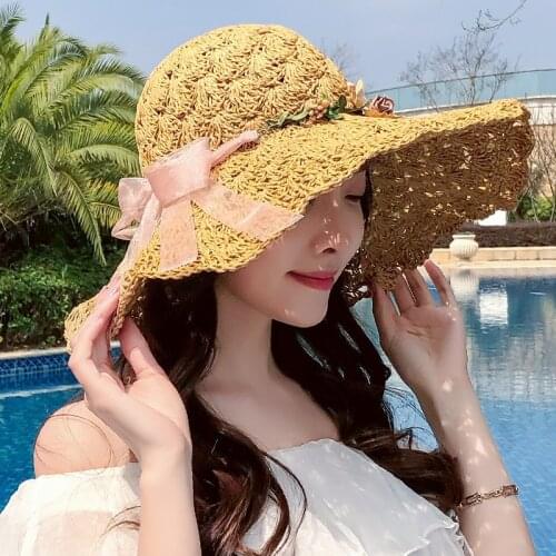 Free Shipping Hand Woven Raffia Crochet Summer Hat Breathable Comfortable Romantic Women Straw Beach Soft Folding Handmade Cab