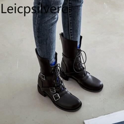 Womens Boots Autumn And Winter The New Round head Lace-up Color matching Low-heeled Middle tube Womens shoes plus size 34-48
