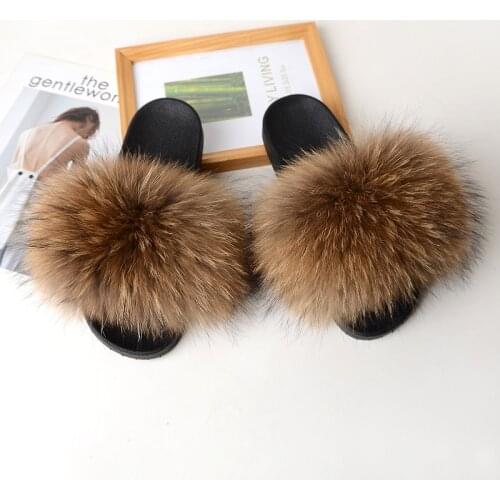 2021 Women Furry Slippers Ladies Shoes Cute Plush Fox Hair Fluffy Sandals Women Fur Slippers Luxury Fox Fur Slippers Women Hot