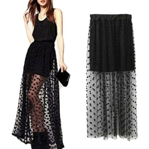 Women sexy skirts black polka dot maxi skirts sexy see through Ball Gown long Tulle skirts summer female fashion casual skirts