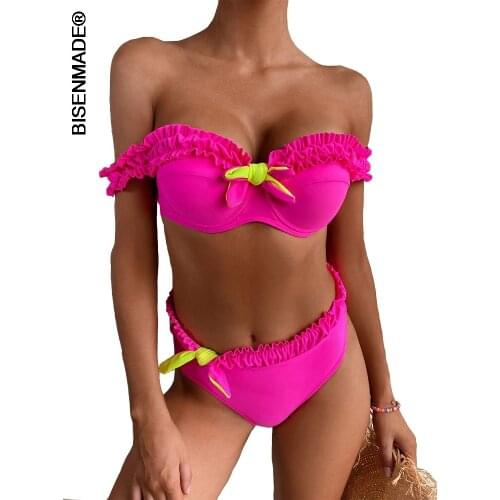 Striped Lace Ruffle Push Up Women Bandeau Swimsuit Female Swimwear Underwired Bra Cup Bikini Set High Cut Bathing Suit 6278