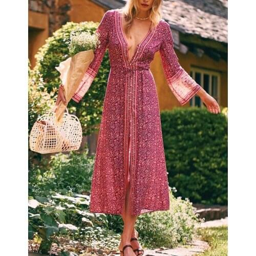 Happie Queens women lace-up tassel floral print beach Bohemian maxi dress Ladies long sleeve Summer Boho dress vestidos