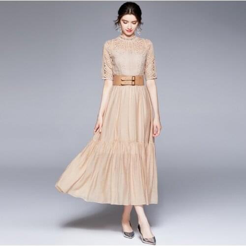 Autumn Holiday Lace Hook Flower Hollow Out Elegant Women Runway Beige Patchwork Maxi Office Party Dress Sashes Vestidos