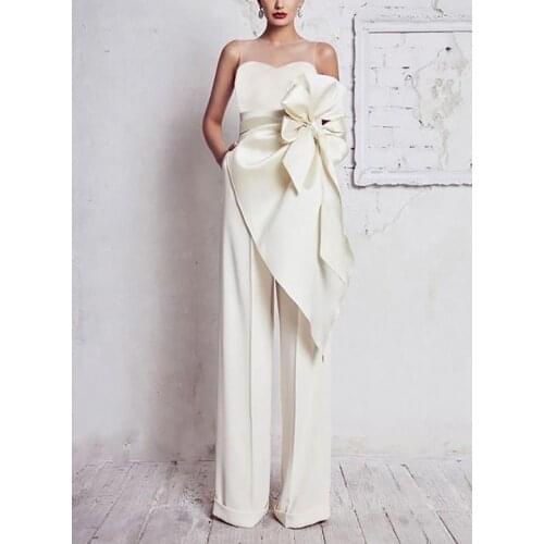 White Jumpsuit Women Elegance Sequin Tops Off Shoulder Straight Pants High Waist Big Bow Pantsuit Bodysuit Overalls Women suit
