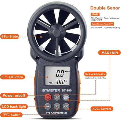 BT-100 Digital Anemometer Tester With Mobile APP Wireless Bluetooth Vane Anemometer Meter measuring Wind Chill Speed Temperature