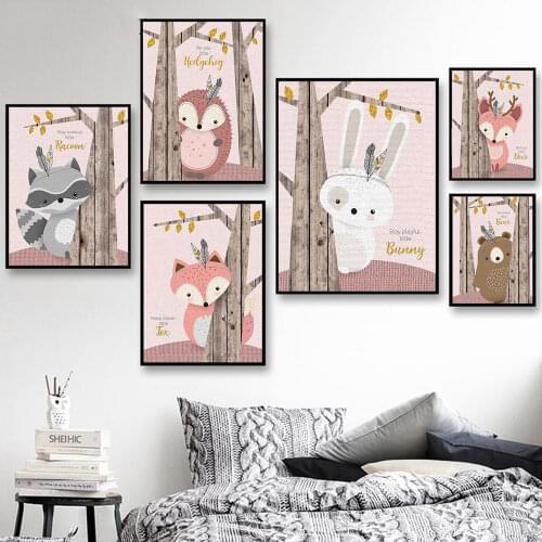 Animal Holding Tree Decorative Painting Children Room Poster Canvas Wall Art Picture Core Cute Rabbit Fox Child Room Home Decor