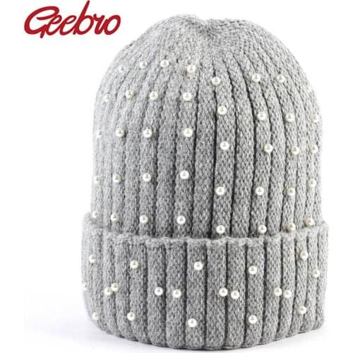 Geebro Womens Cashmere Beanie Hat Winter Knitted Pearl Slouchy Beanie For Women DIY Solid Color Cap Girls Accessory