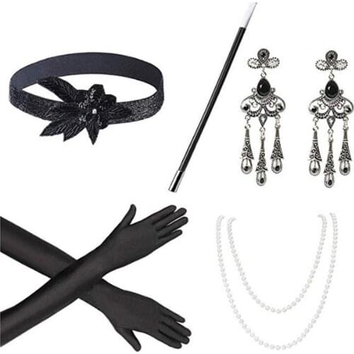 Hot Sell 1920s Great Gatsby Accessories Set Women 20s Costume Flapper Headband Pearl Necklace Bracelet Earring Cigarette Holder
