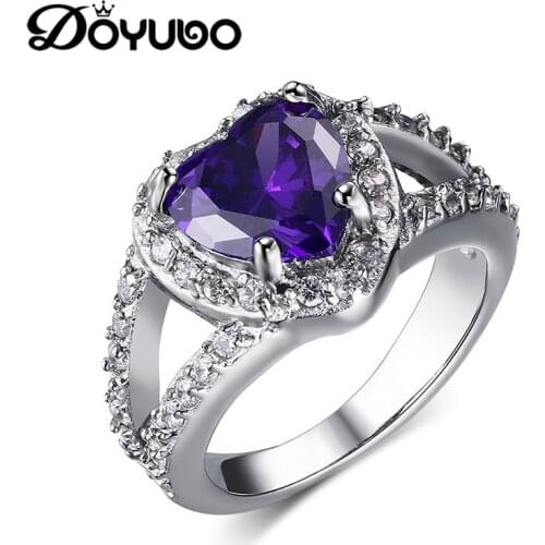 DOYUBO Classical Women Dark Blue Heart Cubic Zirconia Rings Jewelry Lady Lovely Heart Of The Sea Stainless Steel Lady Ring DE024