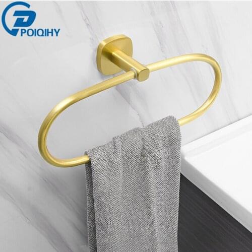 POIQIHY Towel Rings Brushed Gold Aluminum Wall Mounted Towel Rack Bathroom Towel Round Holder No Punching Oval Towel Shelf