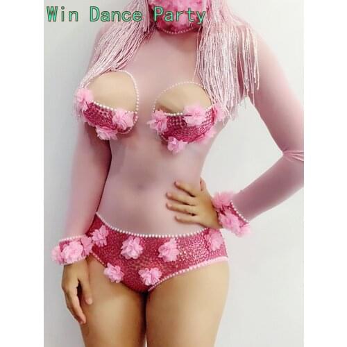 Pink Flower Petals 3D Printed Jumpsuit Sexy Womens Costume Nigthclub Female Singer Show Dance Outfit Rompers Stretch Bodysuit