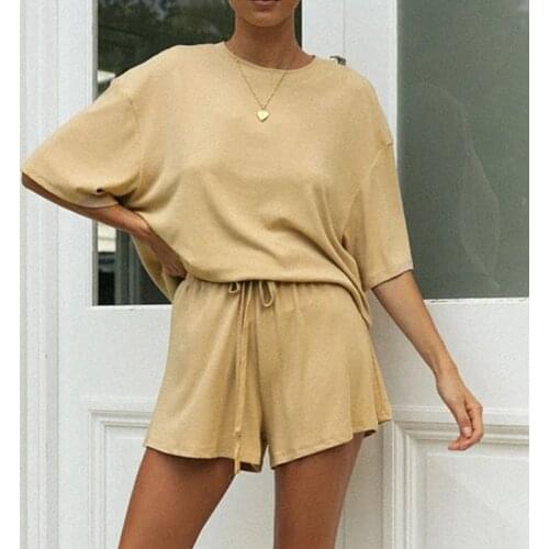 Summer Casual Womens Shorts Suit O-Neck Loose Short Sleeve Top Patchwork Elastic Waist Design Fashion Solid Tracksuits Female