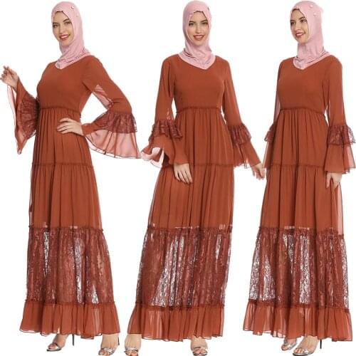Lace Patchwork Muslim Women Long Dress Chiffon Flare Sleeve Summer Hollow Out Abaya Islamic Arab Jilbab Turkish Dubai Robe Gown