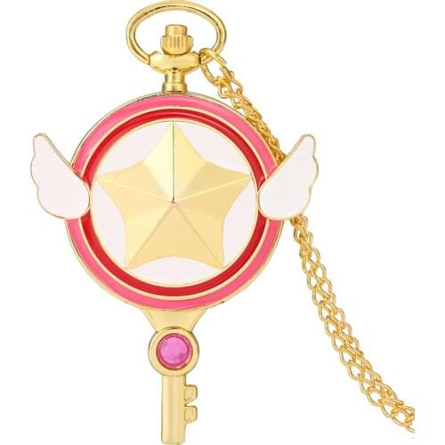 Small Japan Anime Cardcaptor Sakura Star Wing Key Shaped Quartz Pocket Watch Slim Sweater Chain Women Magic Clock Gift for Girls