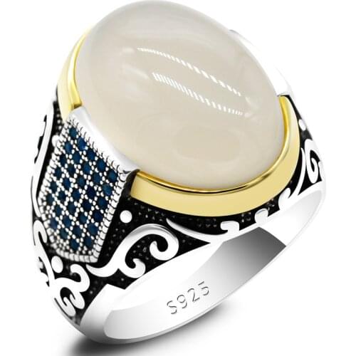 Turkey Jewelry 925 Sterling Silver Ring for Men Big White Agate Stone Gemstone Mens Rings Vintage Cool Fashion Fine Jewelry