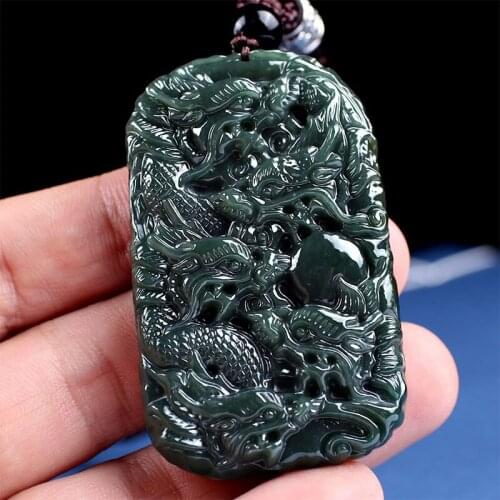 Natural jade A hetian jade raw handcarved 9 dragon black jade green jade pendant jade necklace unique jadeite jade jewelry