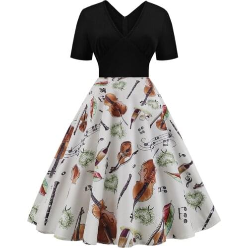 2021 New Retro Womens Clothing V-neck Short-sleeved Upper Body Stitching Note Printing Large Swing Skirt Cocktail Dress