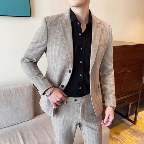 Jacket + Pants ) Fashion Mens stripe Woolen cloth Casual Business Suit High-end Social Formal Suit 2 Pcs Set Groom Wedding