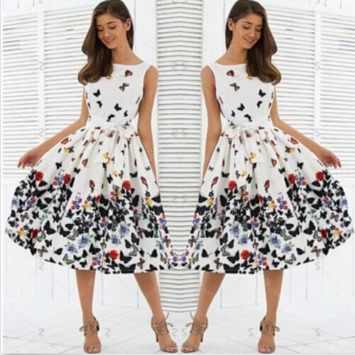 Hot Sale Sexy Summer Sleeveless Vintage Dress Women Swiming Printing Butterfly Retro Floral Pleat Dresses Womens Plus Size