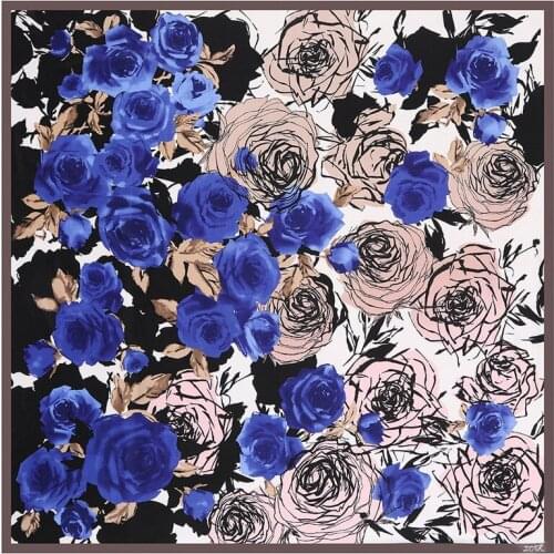 POBING 100% Silk Scarf Women Large Shawls Floral Print Stoles Square Bandana Luxury Kerchief Hijab Scarf Female Foulards 130CM