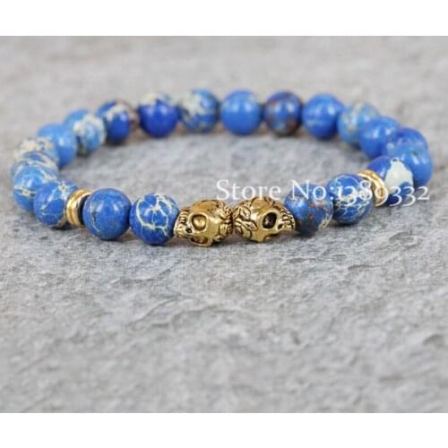 New Sale Christmas Gift Retail 8MM Sea Sediment stone Beads Bracelet ,Antique Gold-color Rose Skull Yoga Bracelets Mens Jewelry