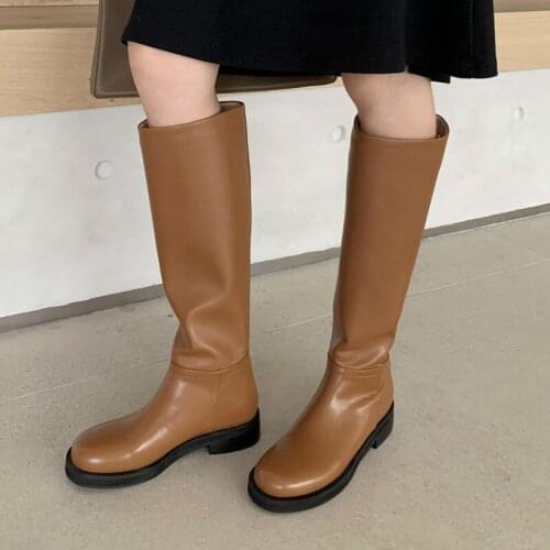 Flat Bottom Straight Long Boots Knee High Boots Leather Chunky Heel Knight Boots Slip On Shoes Women Footwear Mujer Botas new