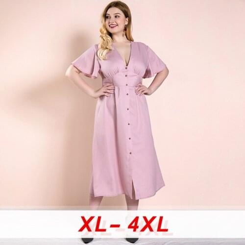 Deep V Neck Sexy Dress Women Elegant Frilly Butterfly Sleeve Short Sleeve Solid Single Breasted Button Plus Size Dresses Ladies