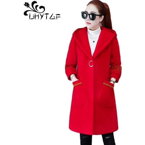 UHYTGF Imitated Mink Fleece Autumn Winter Woolen Jacket Women Hooded Casual Warm Tops Outwear Mid-Length 3XL Plus Size Coat 1397