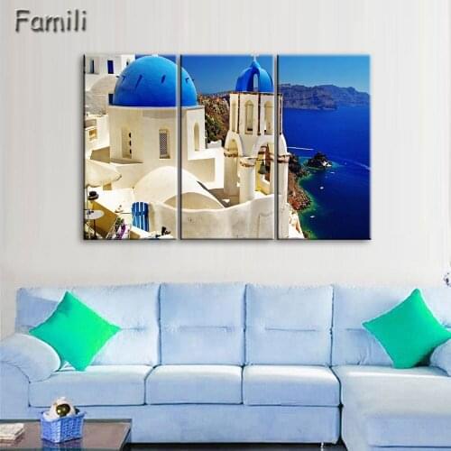 Home decoration 3 Pieces no frame picture decoration Canvas Prints Santorini island scenery farm highway grassland Cartoon trees