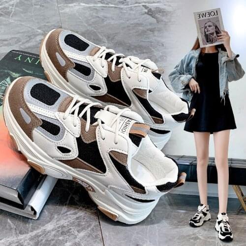 Womens Sneakers Retro Fashion Color Matching Round Toe Platform Lace-up Old Shoes
