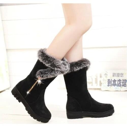 New Winter Women Boots Casual Warm Fur Mid-Calf Boots shoes Women Slip-On Round Toe flats Snow Boots shoes Muje Plus size 35-41