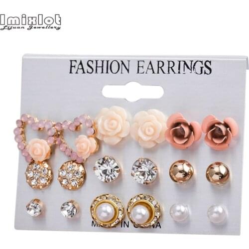 Imixlot 9 Pairs/Set Womens White Pearl Crystal Stud Earrings Girls Elegant Rose Flower Heart Earring Jewelry Gift