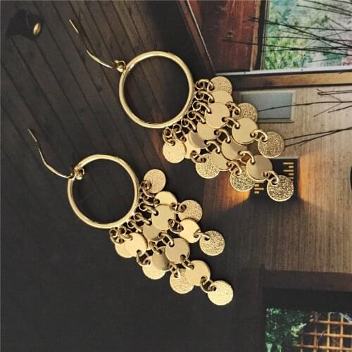 2020 New Trend Shiny BlingBling Gold Color Plating Round Disc Dangle Drop Earrings For Women Girl Medium Size Party Decoration
