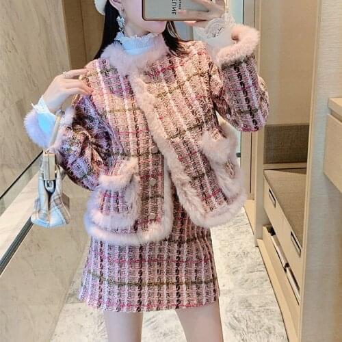 2020 Autumn and Winter New Small Fragrance Jacket Fashion Suit Tweed Coat + Pink Skirt Two-piece Suit